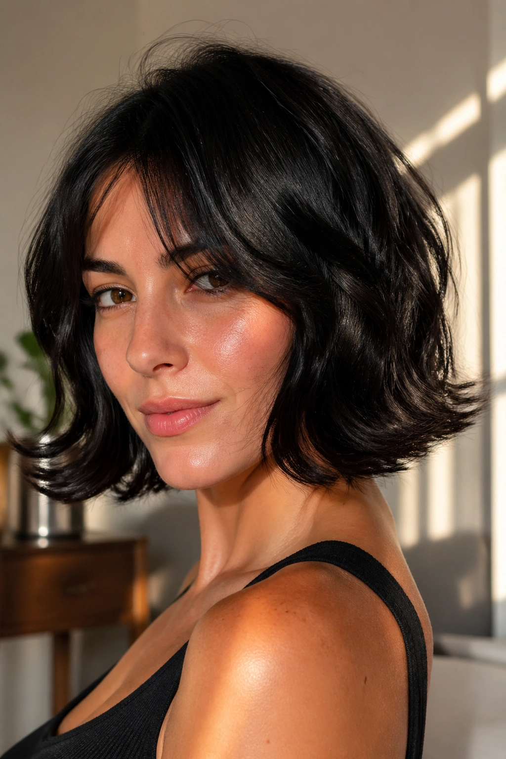 Real person with flipped-out ends on a wavy bob
