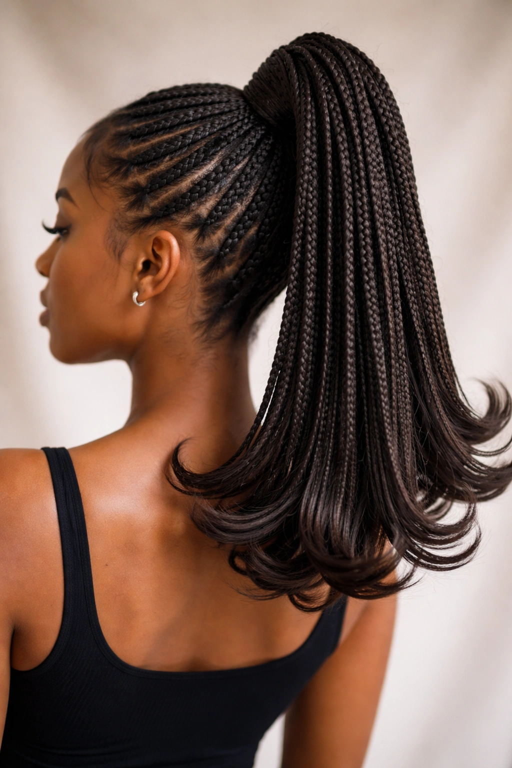 Knotless braids with flipped-out ends in a high ponytail