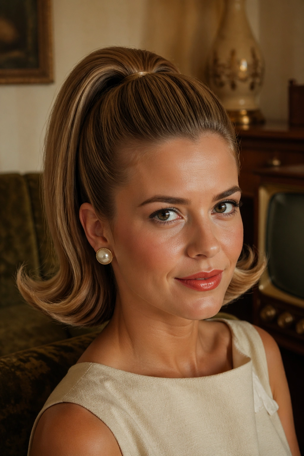 Close-up of a real woman with a high ponytail featuring flipped-out ends