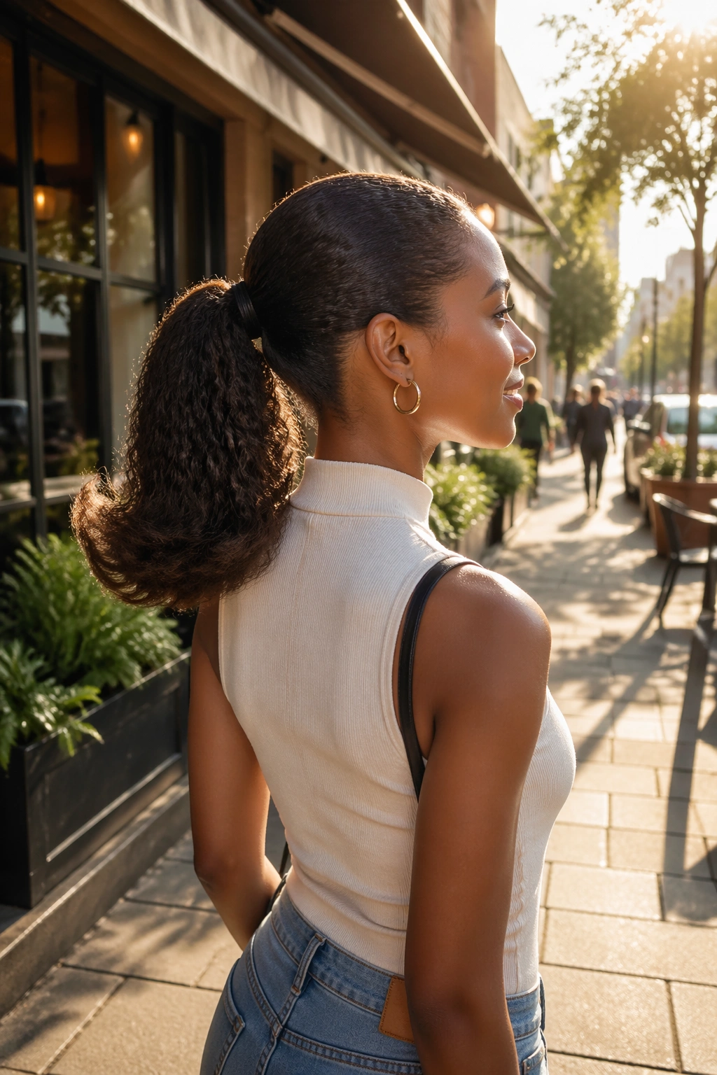 Wide street scene with mid ponytail featuring flipped ends and wrap.