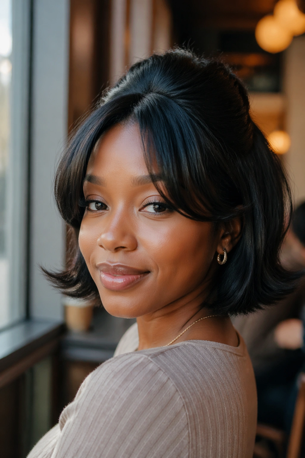 Close-up of a Black woman with flipped-out half-up bob and curtain bangs