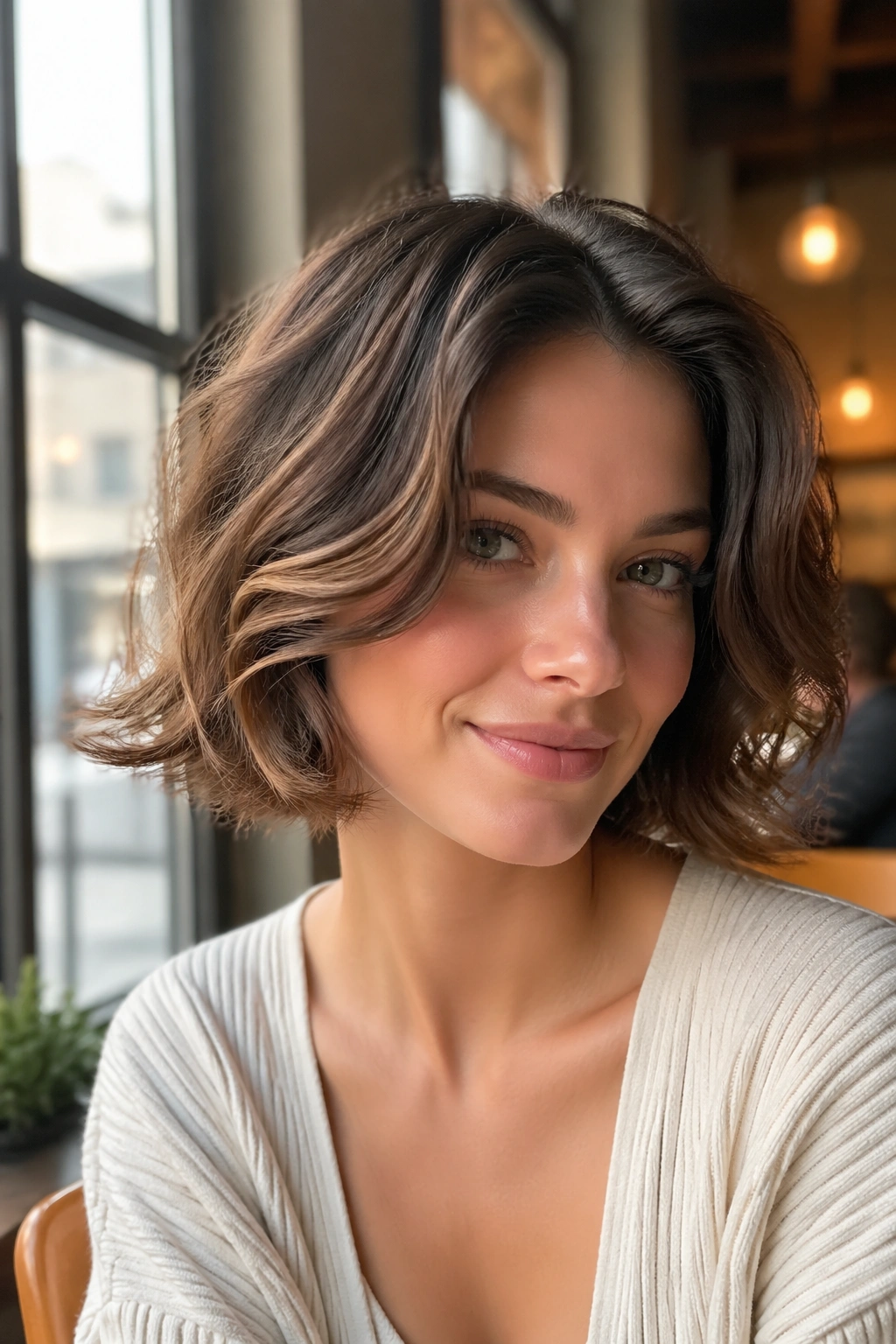 Close-up portrait of a real woman with a flipped-out wavy bob