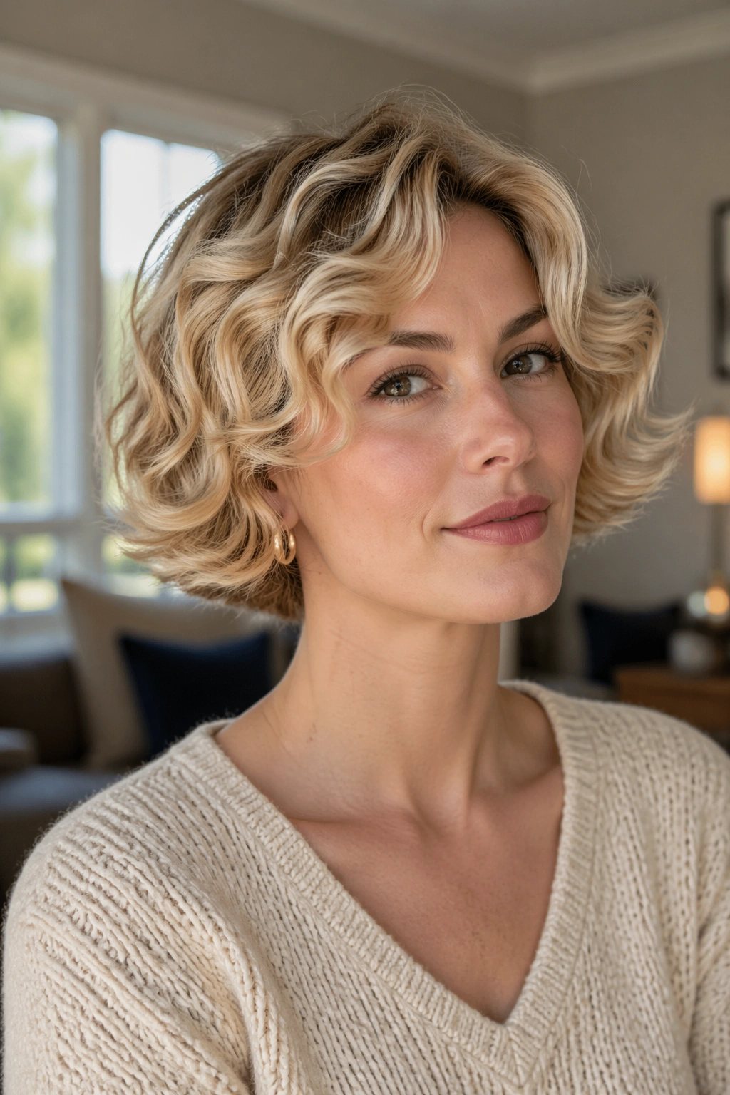 Close-up portrait of a real woman with a flipped-out curly bob in warm blonde tones, natural window light