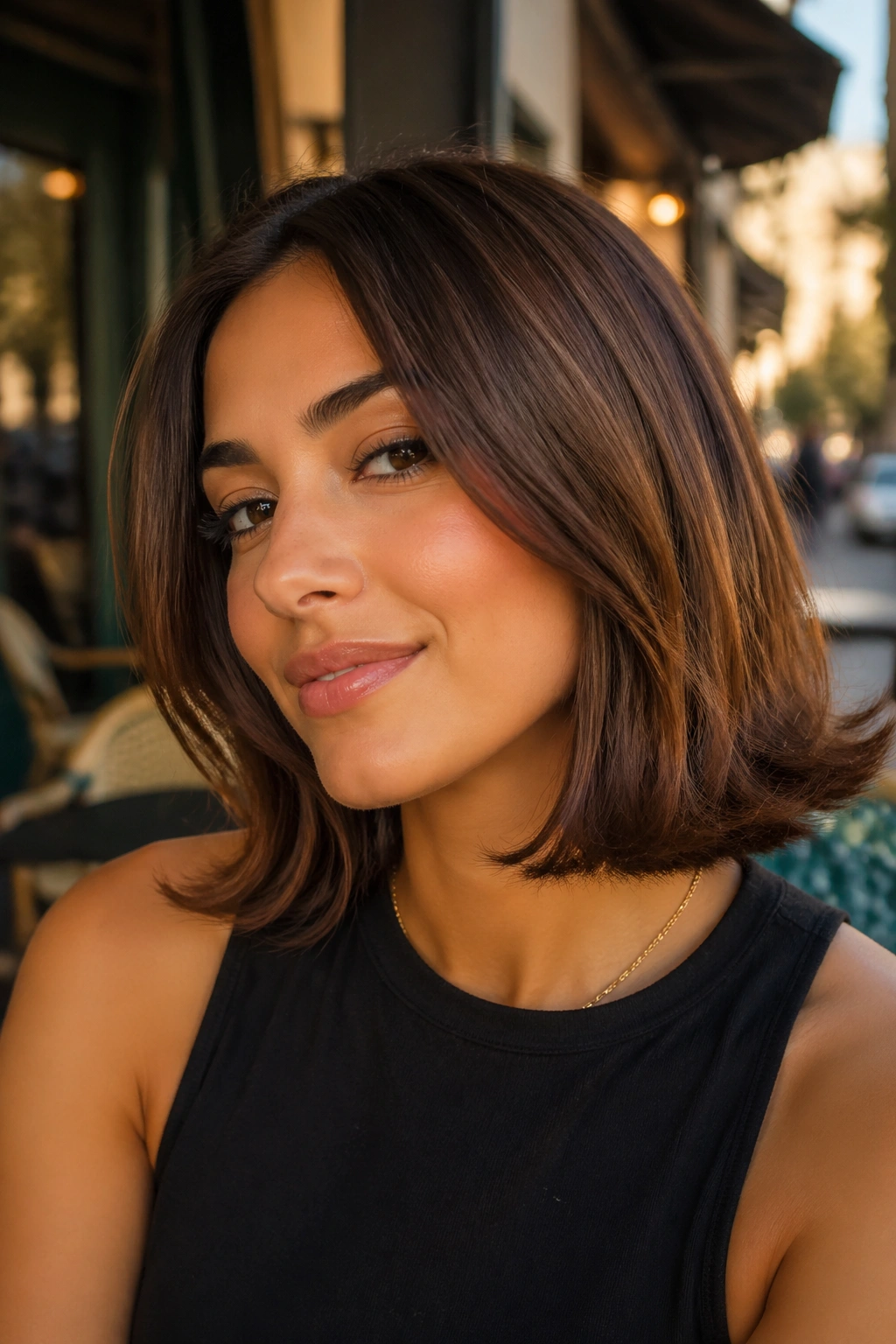 Close-up of a woman with a shoulder-length lob and flipped-out ends