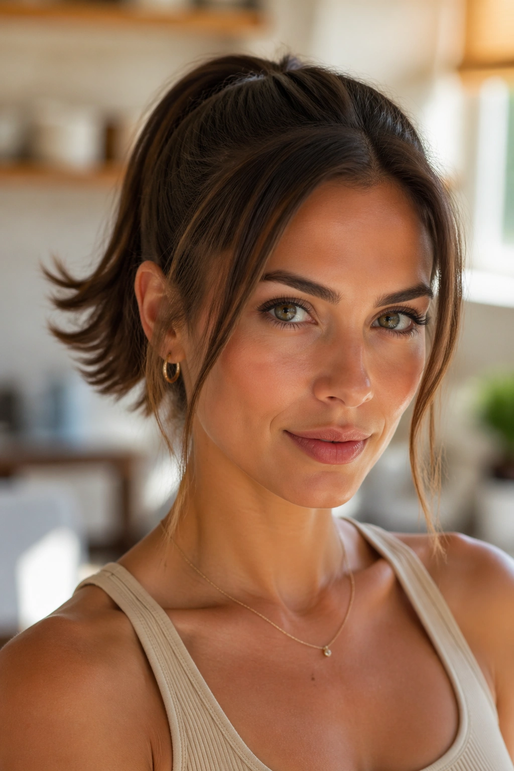 Close-up portrait of a real woman showing flipped-out ends ponytail