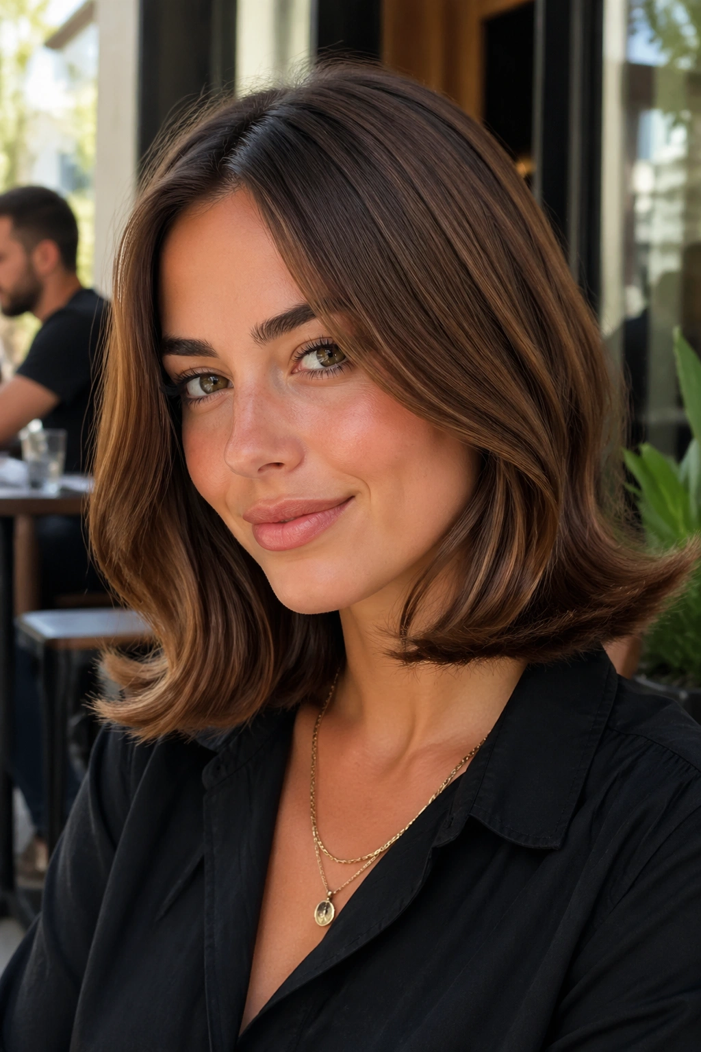 Close-up of a real woman with flipped-out lob ends in daylight