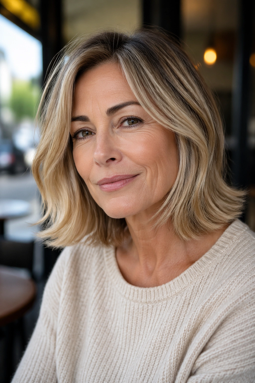 Close-up portrait of a woman with a flipped-out lob hairstyle in natural light.
