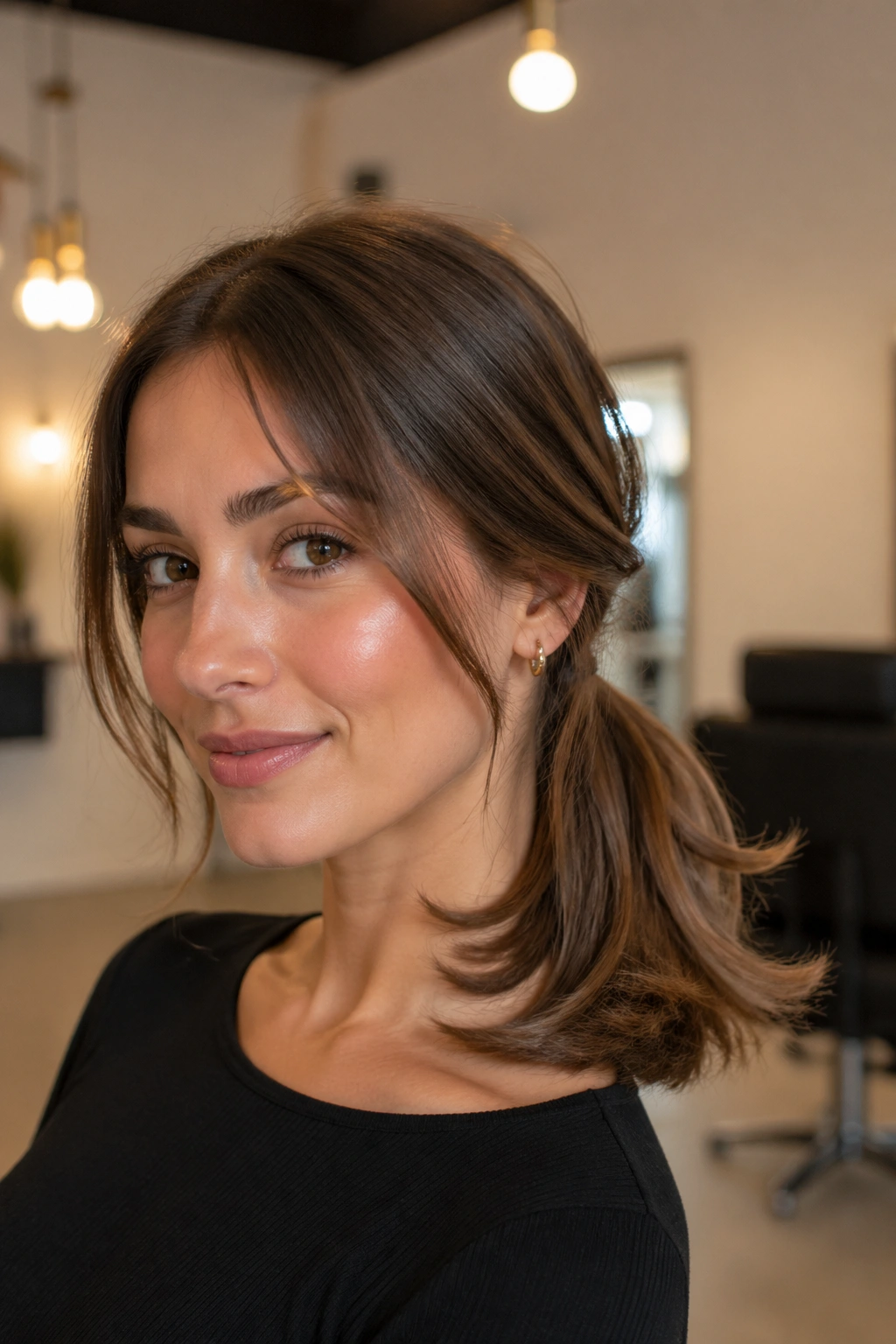 Close-up portrait of a real woman with flipped-out ends side ponytail in warm salon lighting