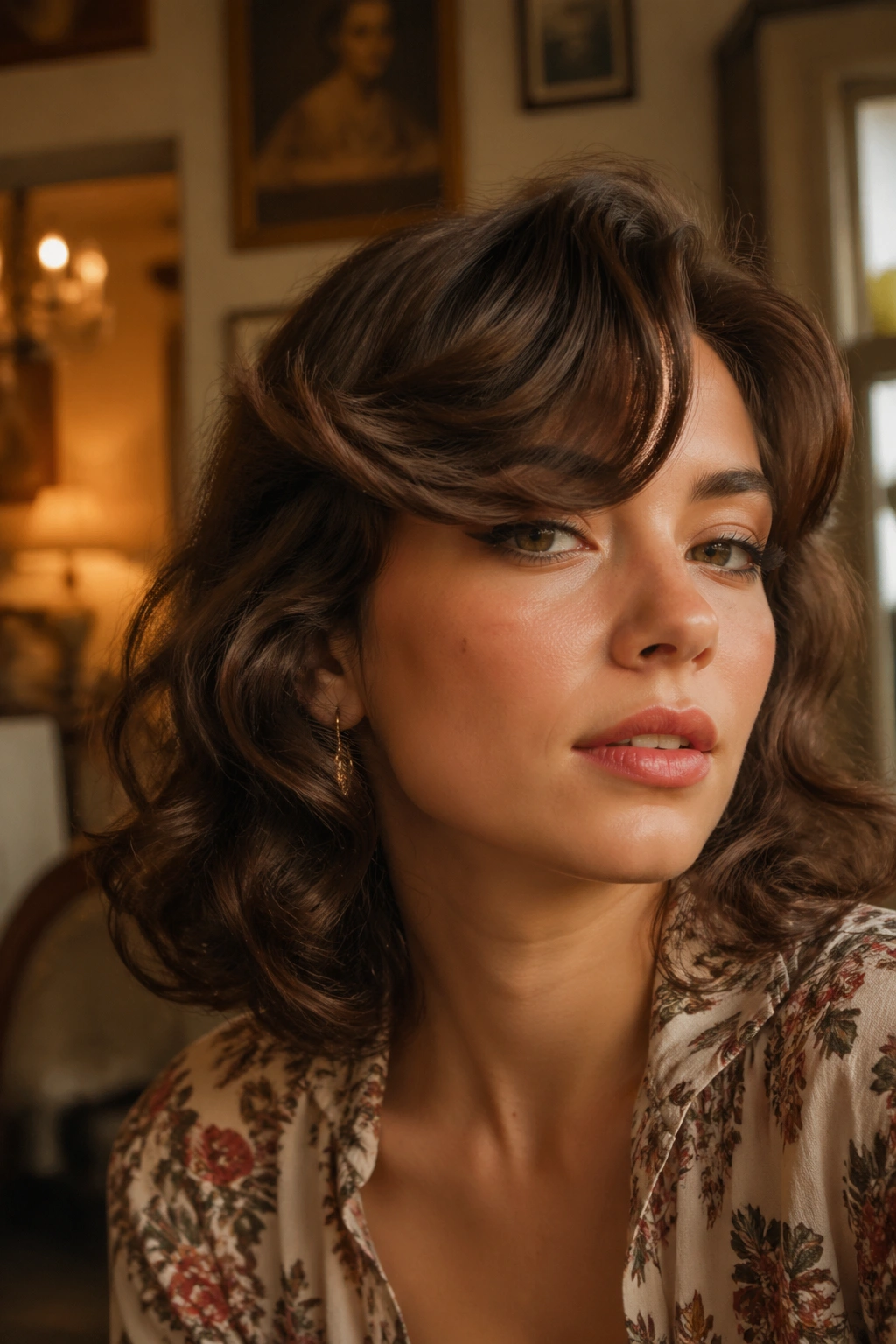 Close-up portrait of a real woman with flipped-out retro side bangs in a vintage setting