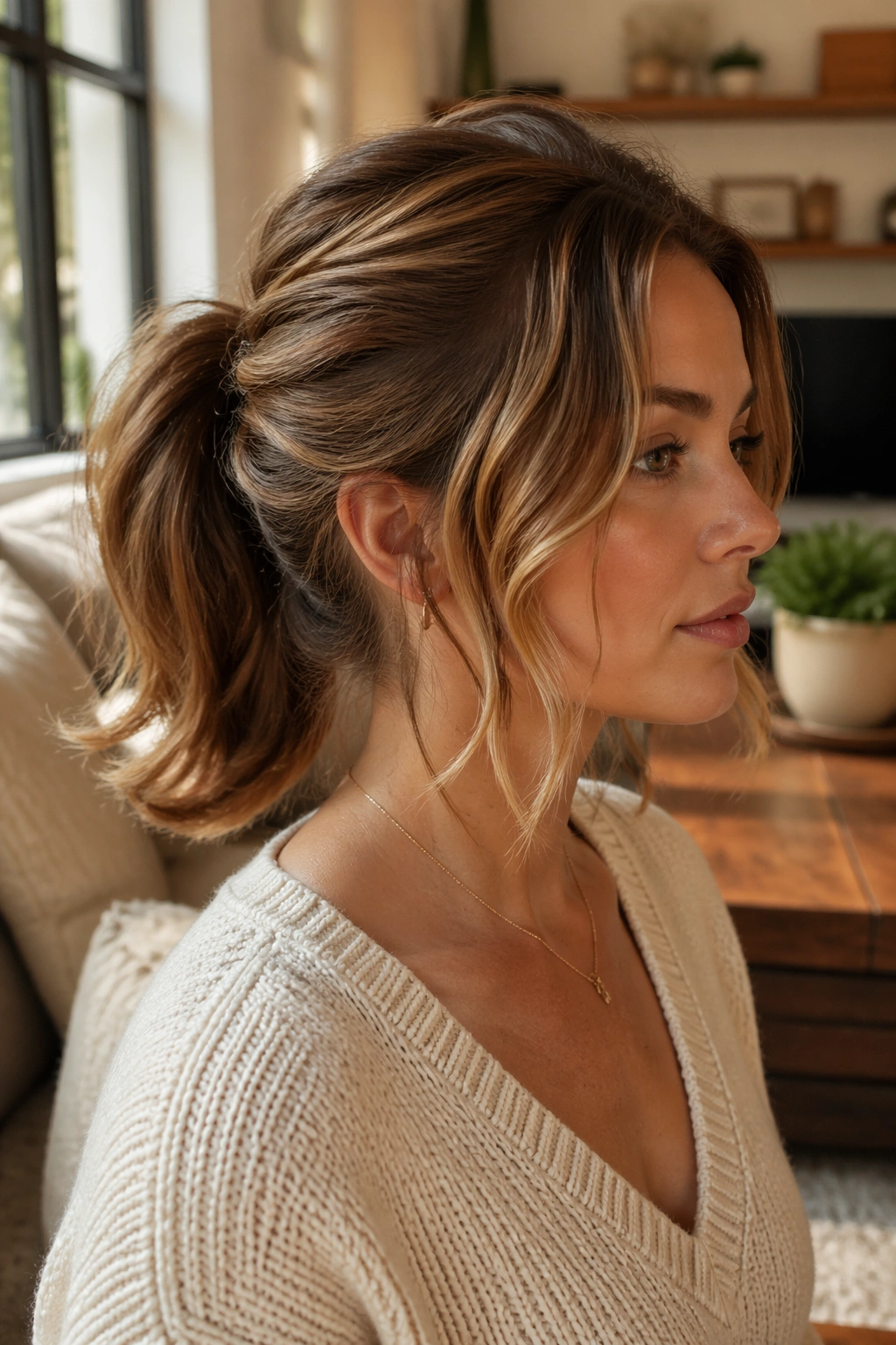 Close-up of a real woman with a flipped ponytail hairstyle in warm natural light