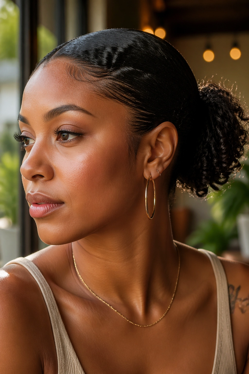 Close-up portrait of a real Black woman with a flipped ponytail hairstyle