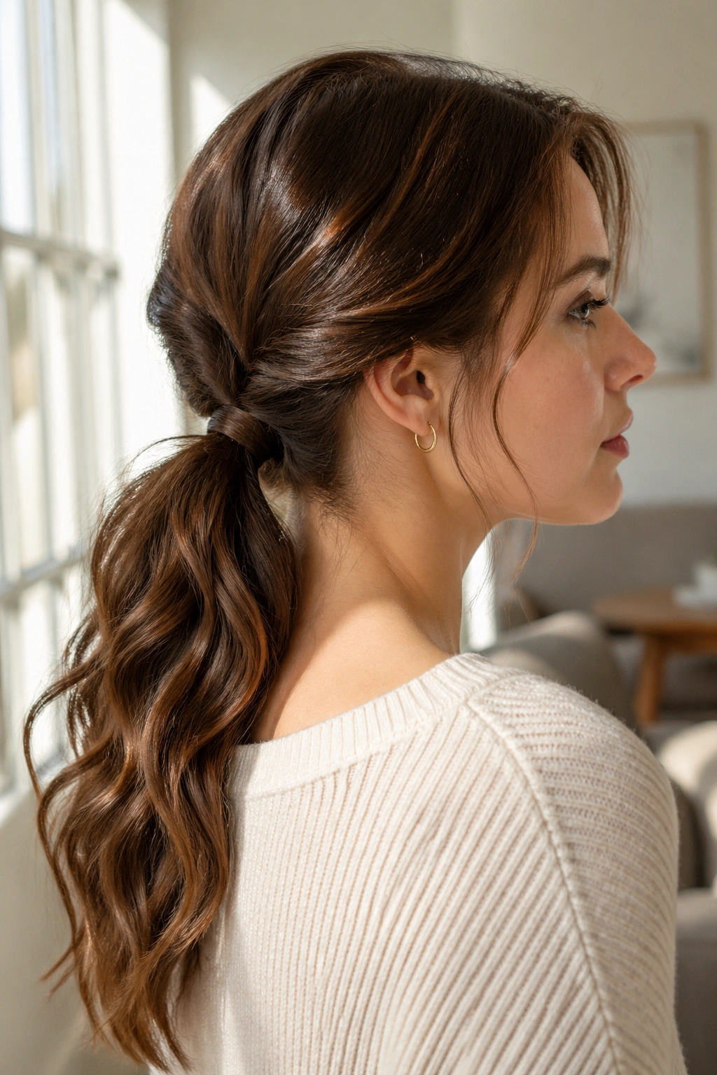 Close-up of a real woman with a flipped-inside-out ponytail showing the base twist