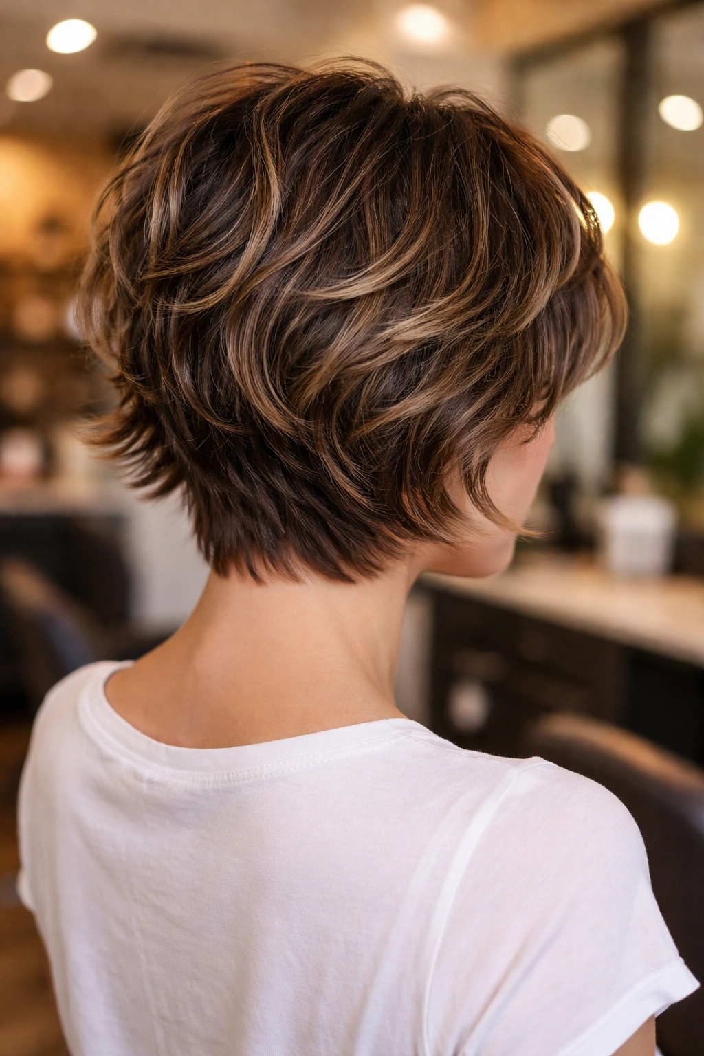 Rear three-quarter portrait of a real woman showing flipped shag ends with a tapered nape.