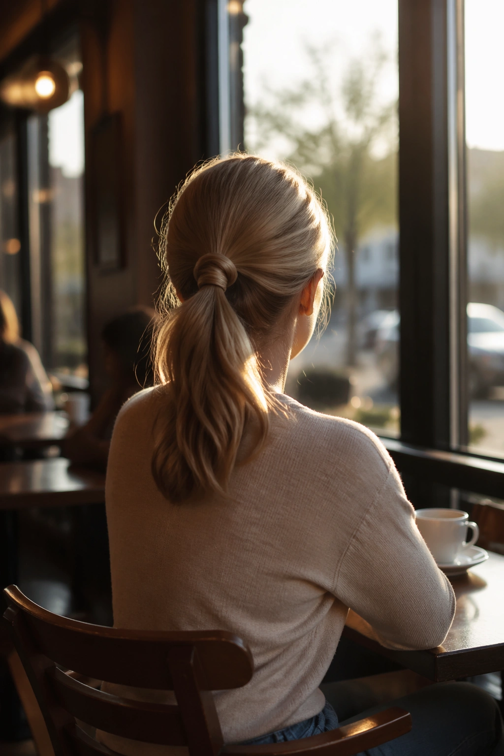 Wide shot of flipped-through ponytail seen from behind at a cafe window.