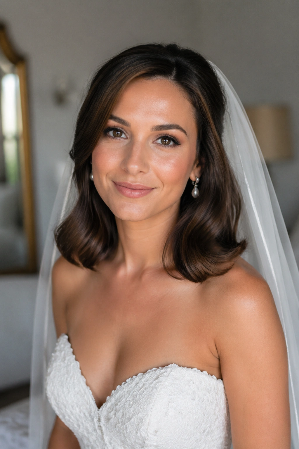 Bride with flipped-under ends and veil over shoulder-length waves