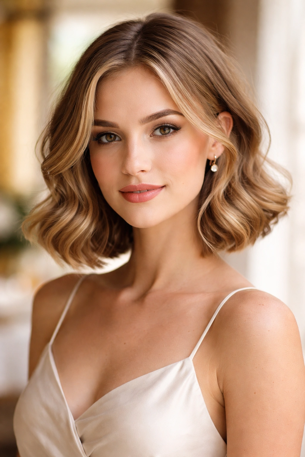 Close-up of a real woman with a flippy bob and airy ends