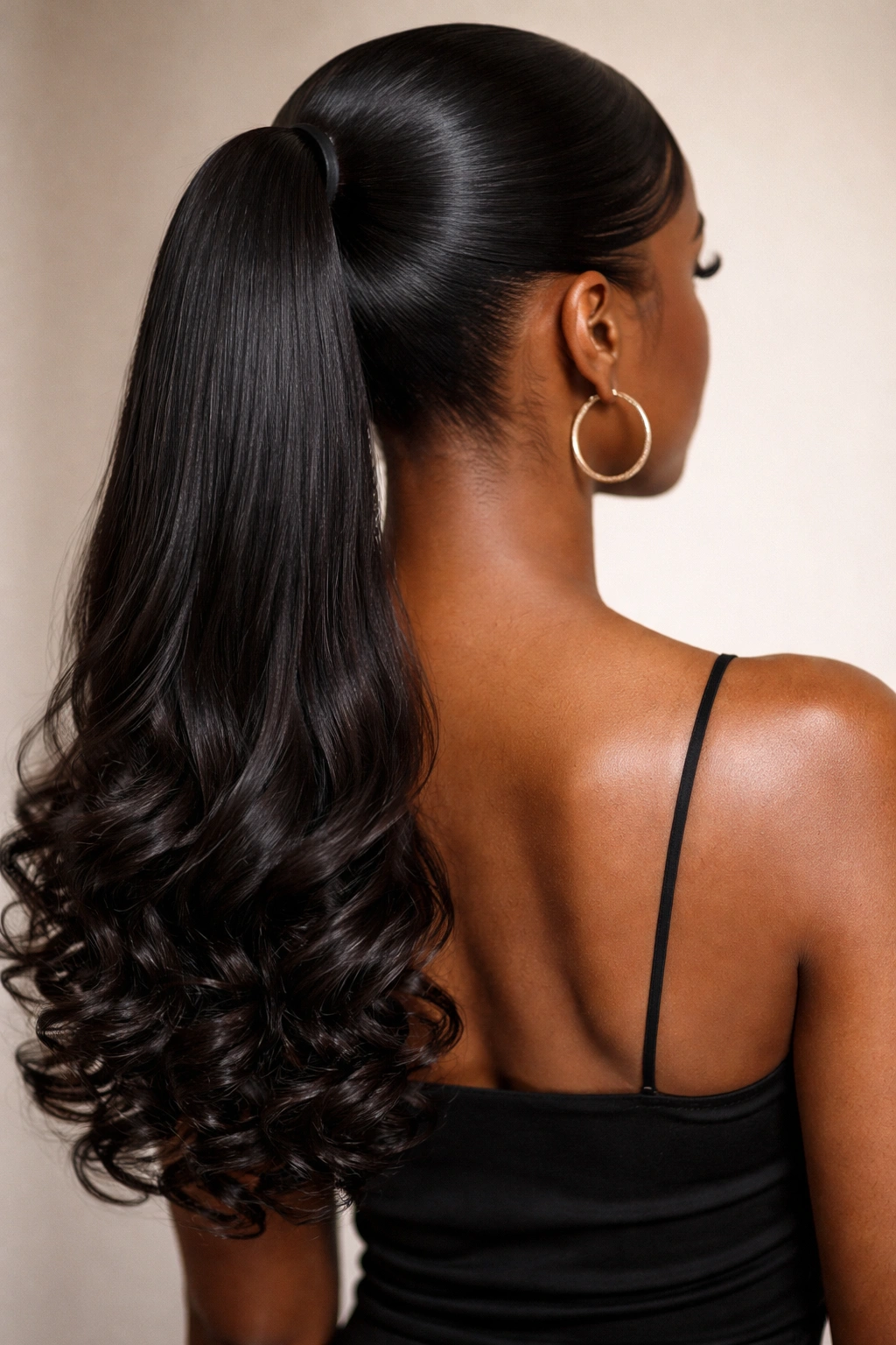 Ponytail with straight crown and curly, flirty end