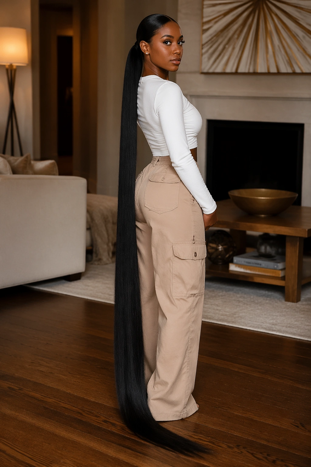 Real woman with a floor-length ponytail cascading to the floor