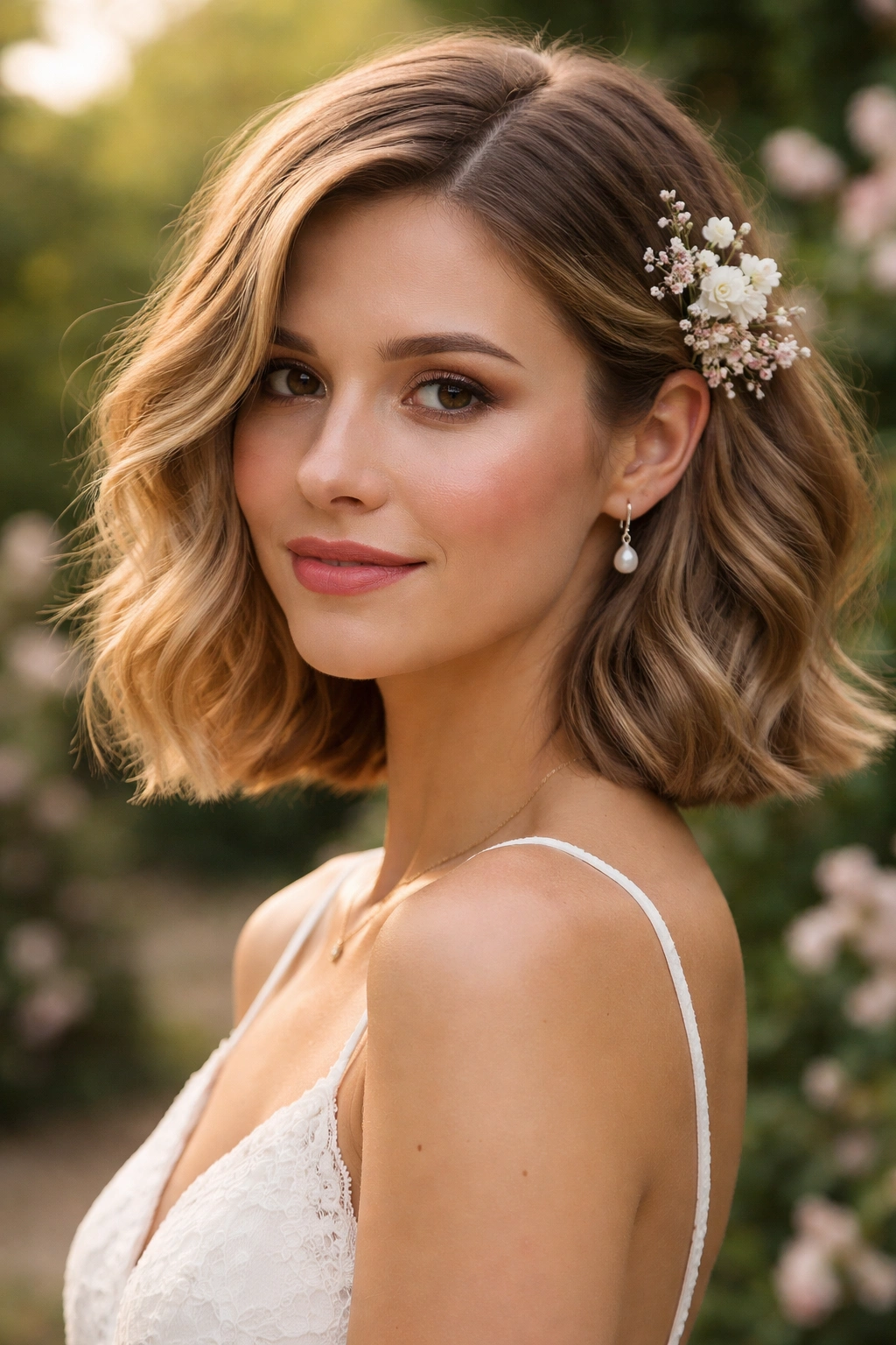 Close-up of a real woman with floral-accented bob and soft waves outdoors