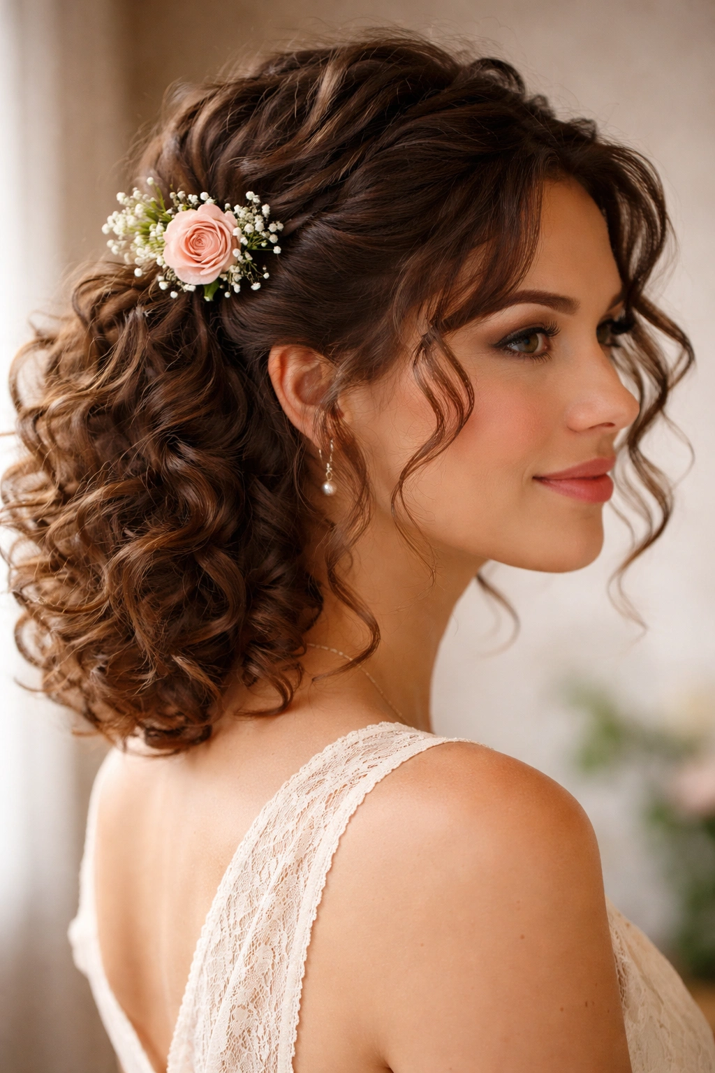 Half-up hairstyle with a flower accent at the base of the ponytail