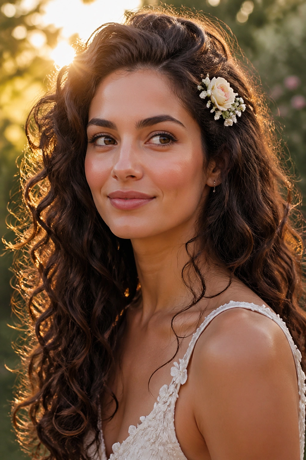 Close-up of a bride's loose curly hair with a small flower above the ear