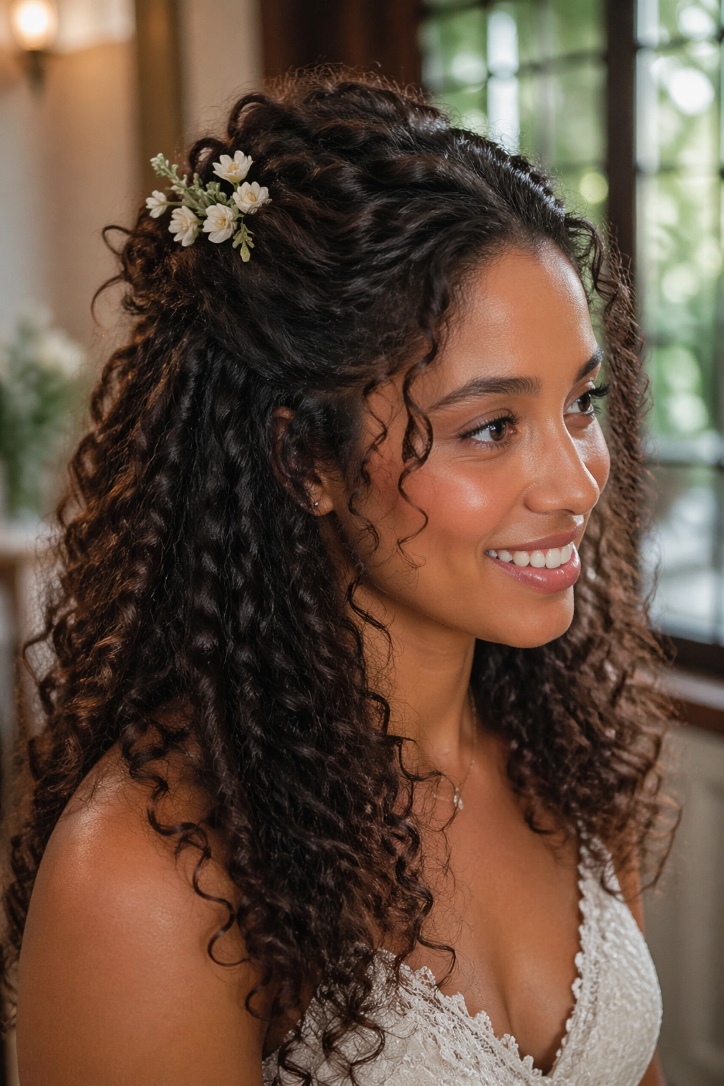 Close-up of a real bride with a floral clip half up on natural curls