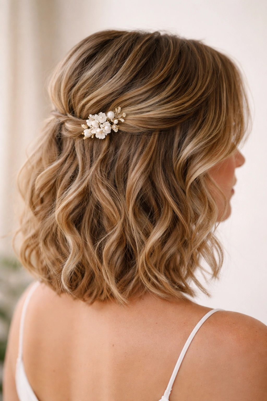 Wavy lob with a small floral clip off-center