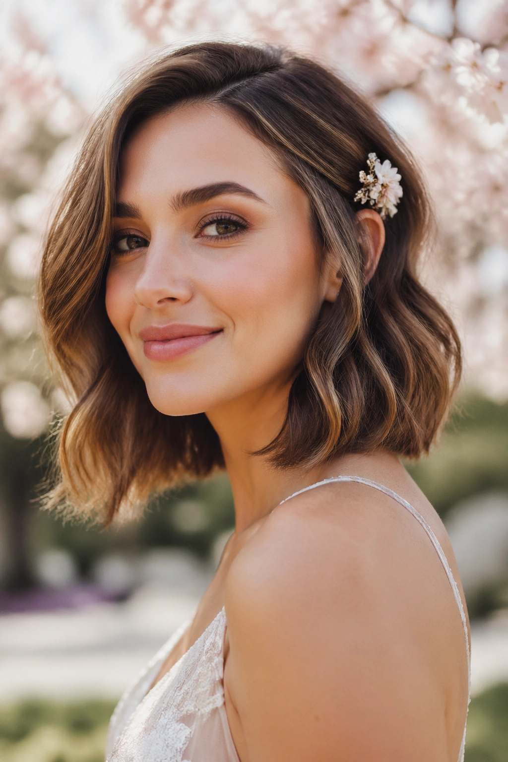 Close-up of a woman wearing a small floral clip on a wavy lob outdoors