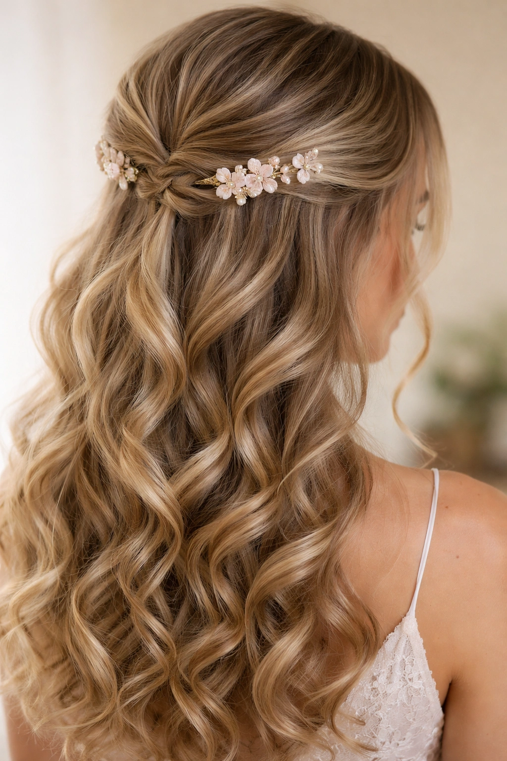 Tiny floral clips accenting a half-up hairstyle on curly hair