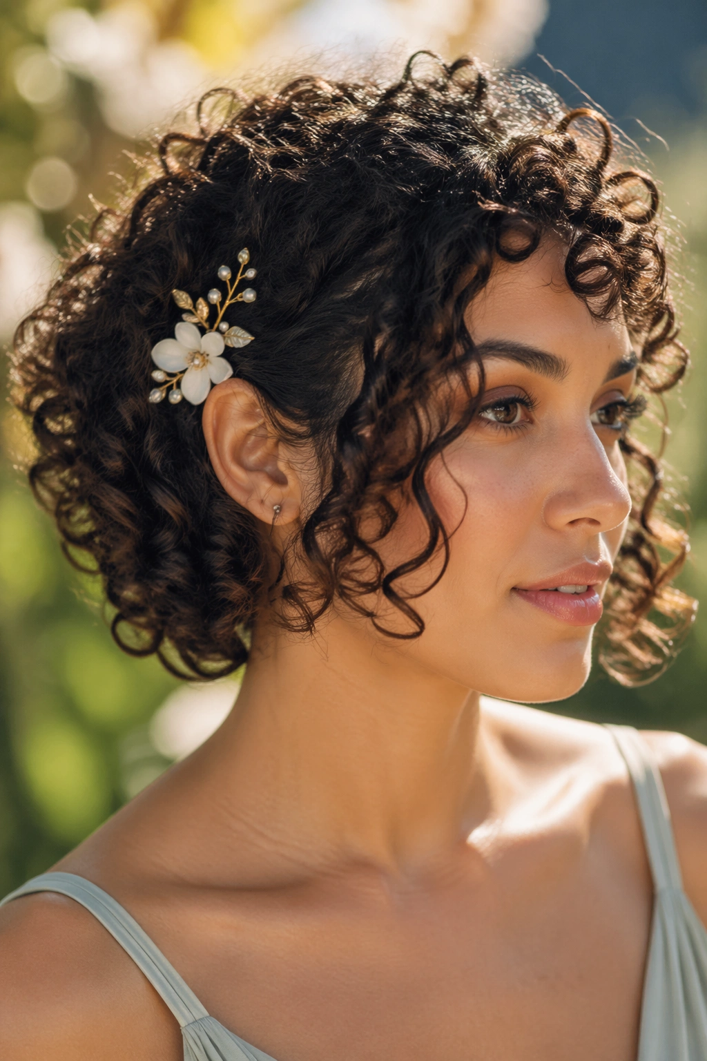 Close-up of a real woman with a floral comb and loose curl clusters