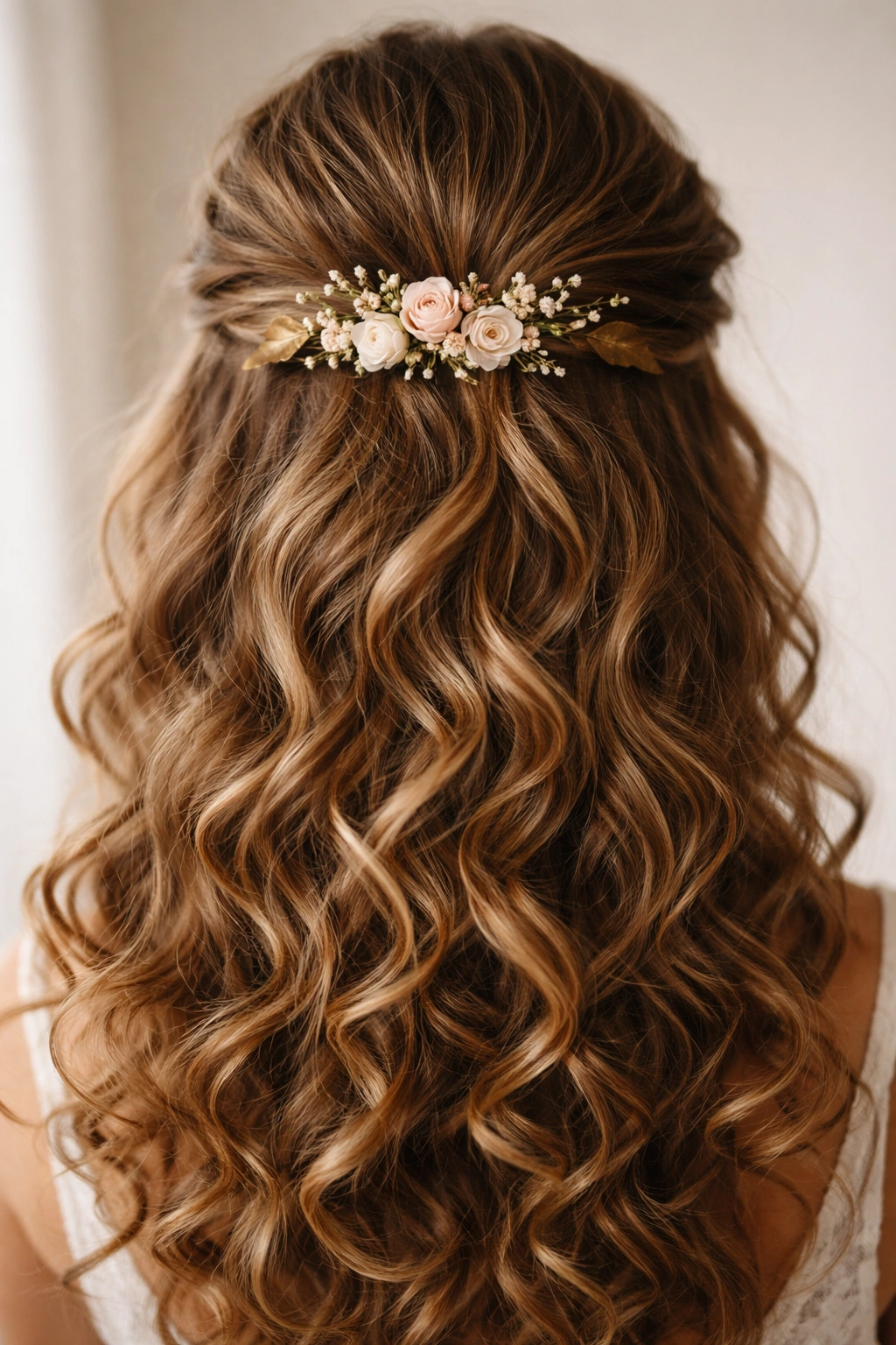 Close-up of floral comb in a half-up curly hairstyle.