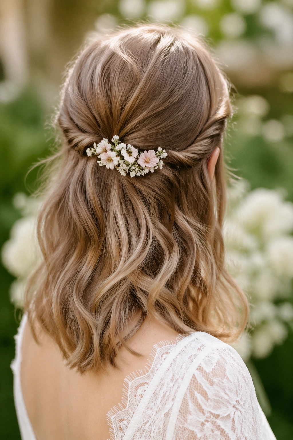 Bride with floral comb half-up hairstyle in a garden ceremony.
