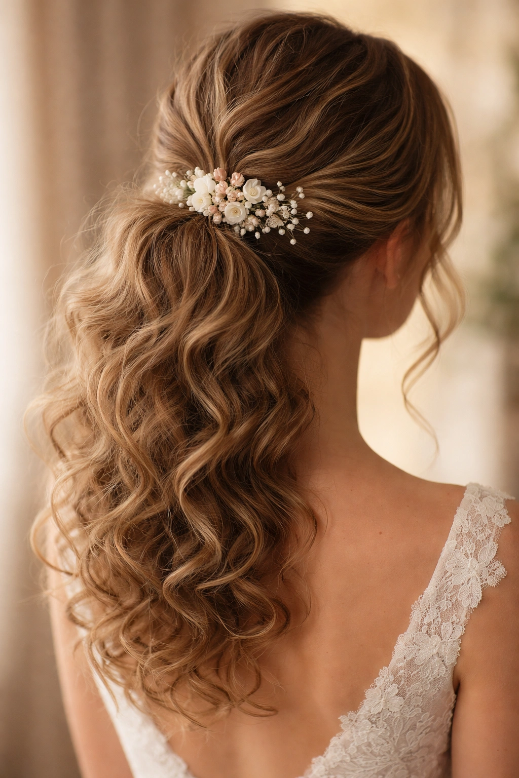 Curly ponytail with a small floral comb at the base.