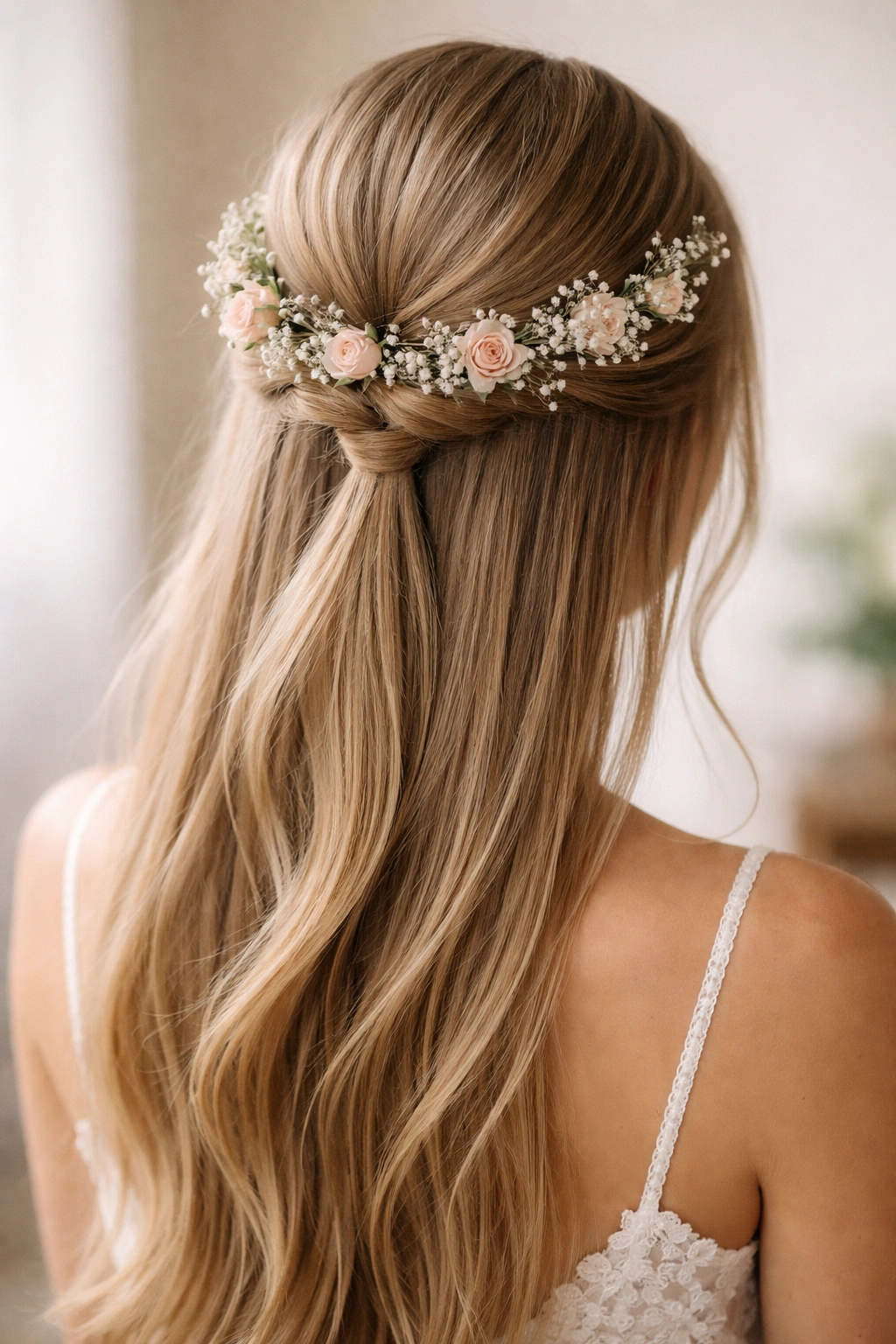 Close-up of a half-up hairstyle with a delicate floral crown