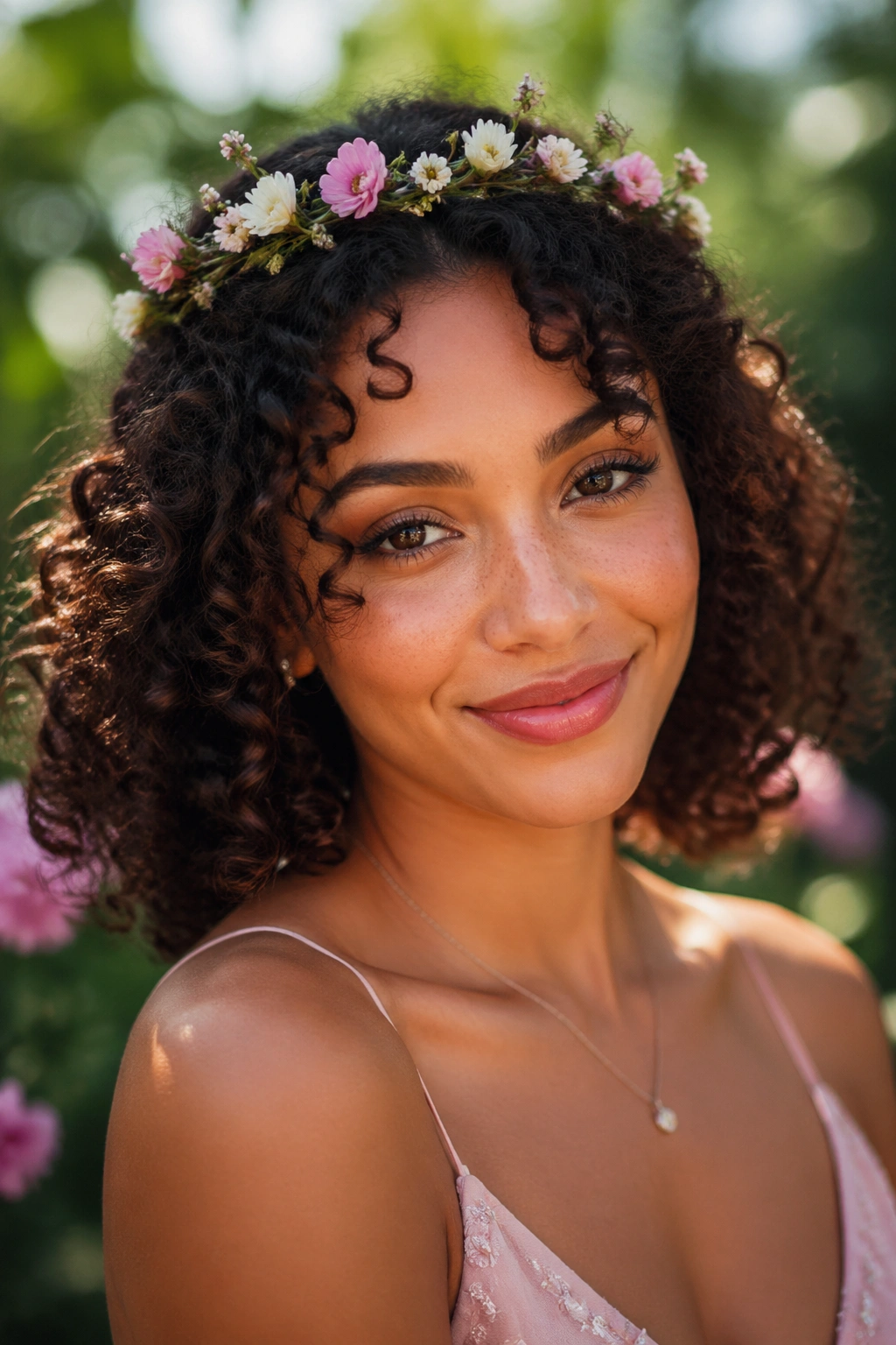 Close-up of a real woman with a small floral crown on medium natural curls outdoors.