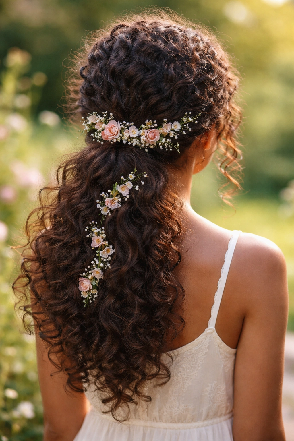 Low ponytail adorned with delicate flowers woven into the elastic