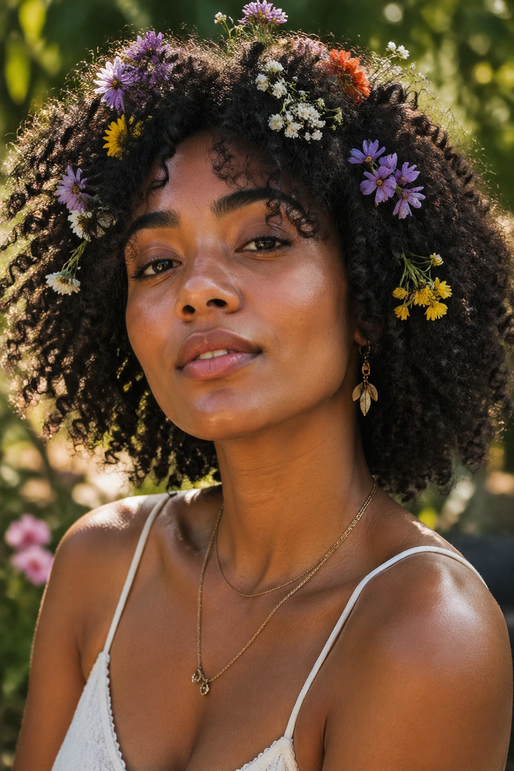 Close-up of real woman with floral wash-and-go curls and small flowers in hair