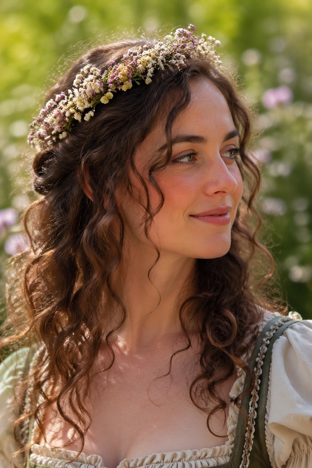 Close-up of a real person wearing a floral half-crown with loose ringlets in a garden setting