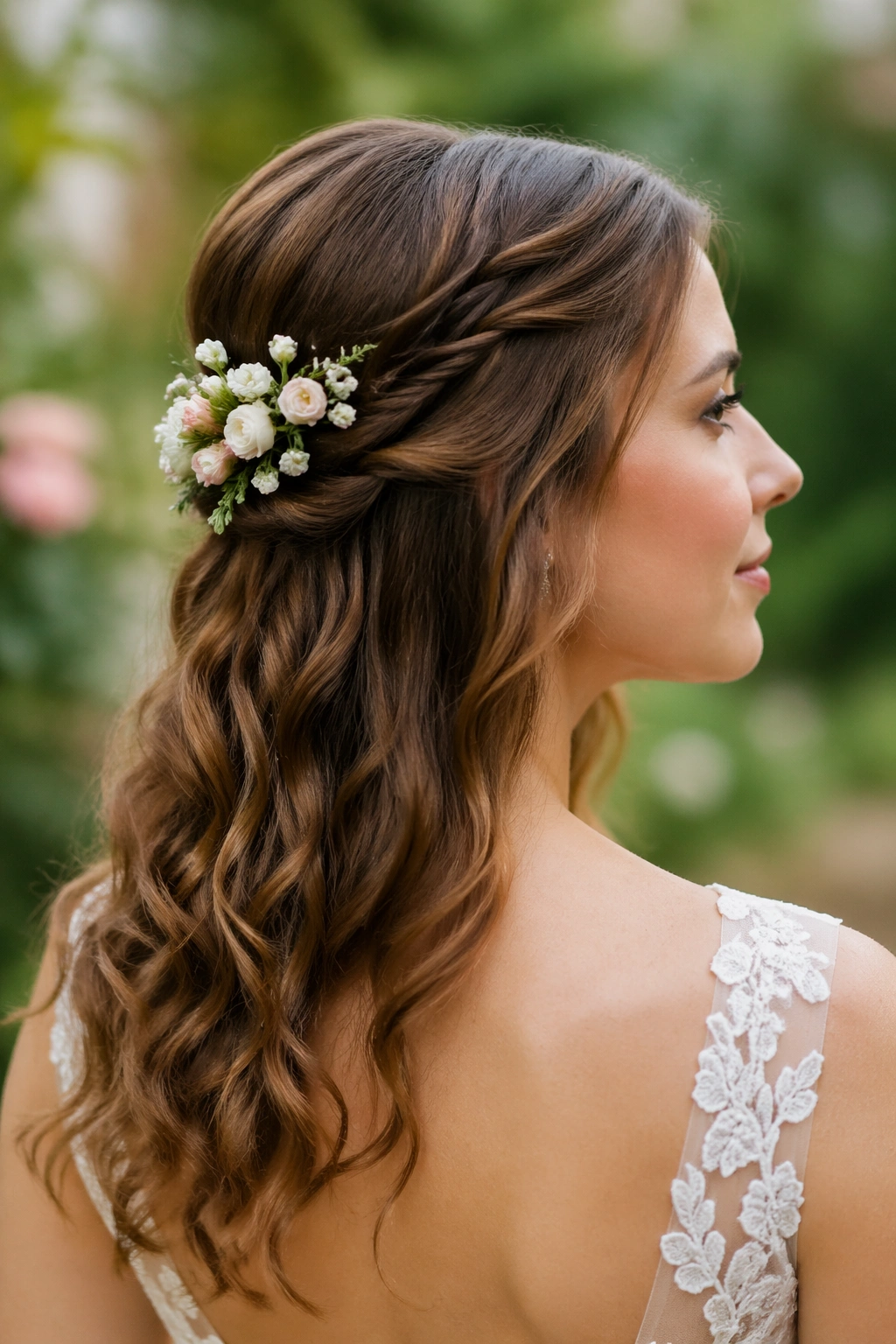Close-up of a real bride with a floral half-up and fresh blooms