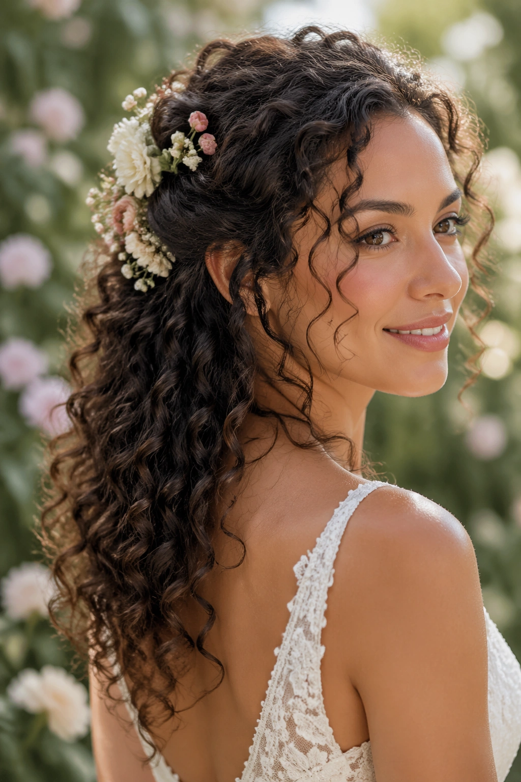 Close-up of a floral half-up cascade with small blooms woven through curls