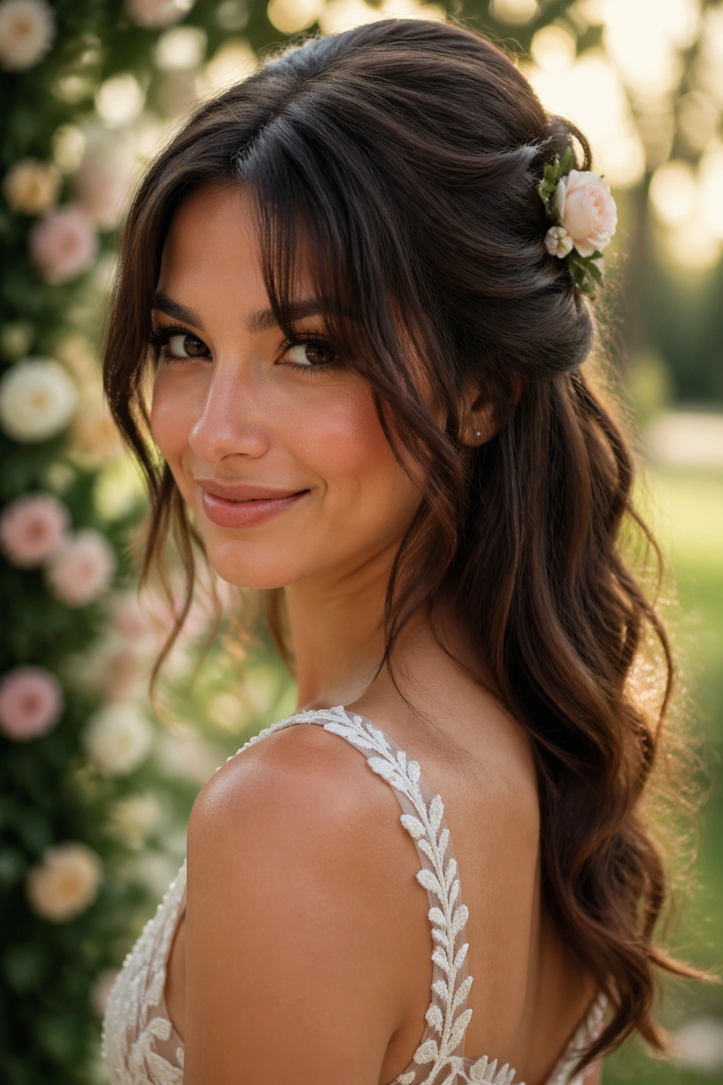 Portrait of bride with floral half-up and curtain bangs