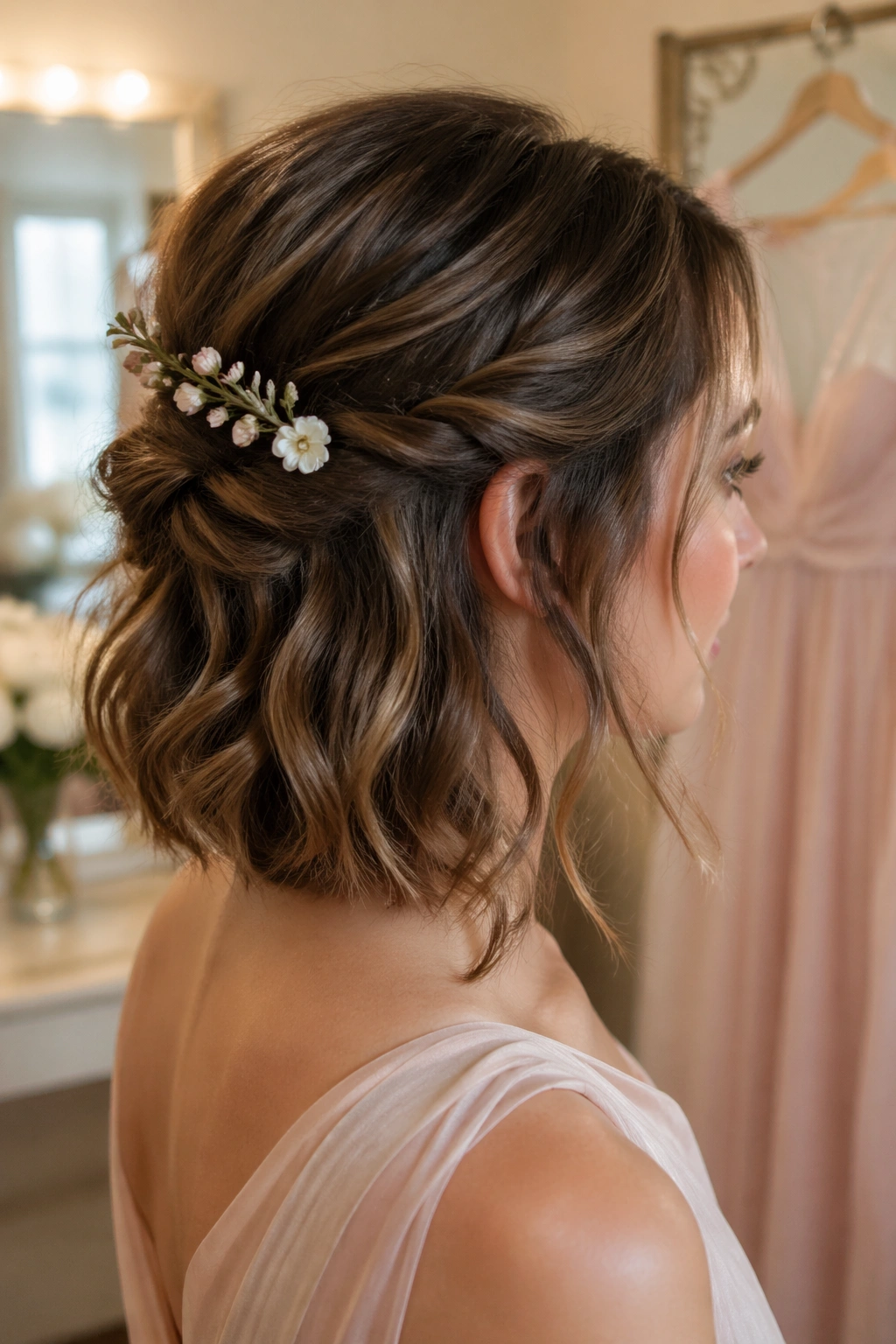 Close-up of a real woman with floral accent half-up hairstyle and tiny blossoms tucked in.