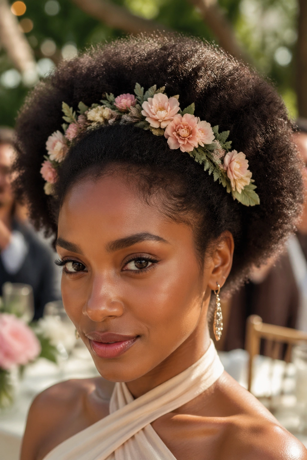 Real woman wearing a floral wreath headband on Afro hair in a garden setting.
