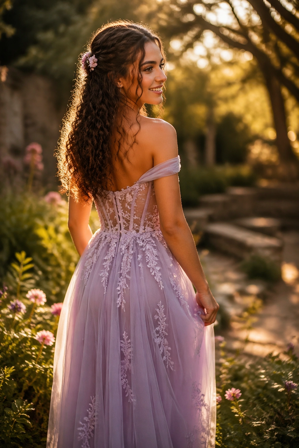 Half-up hairstyle with small floral pins in curls outdoors