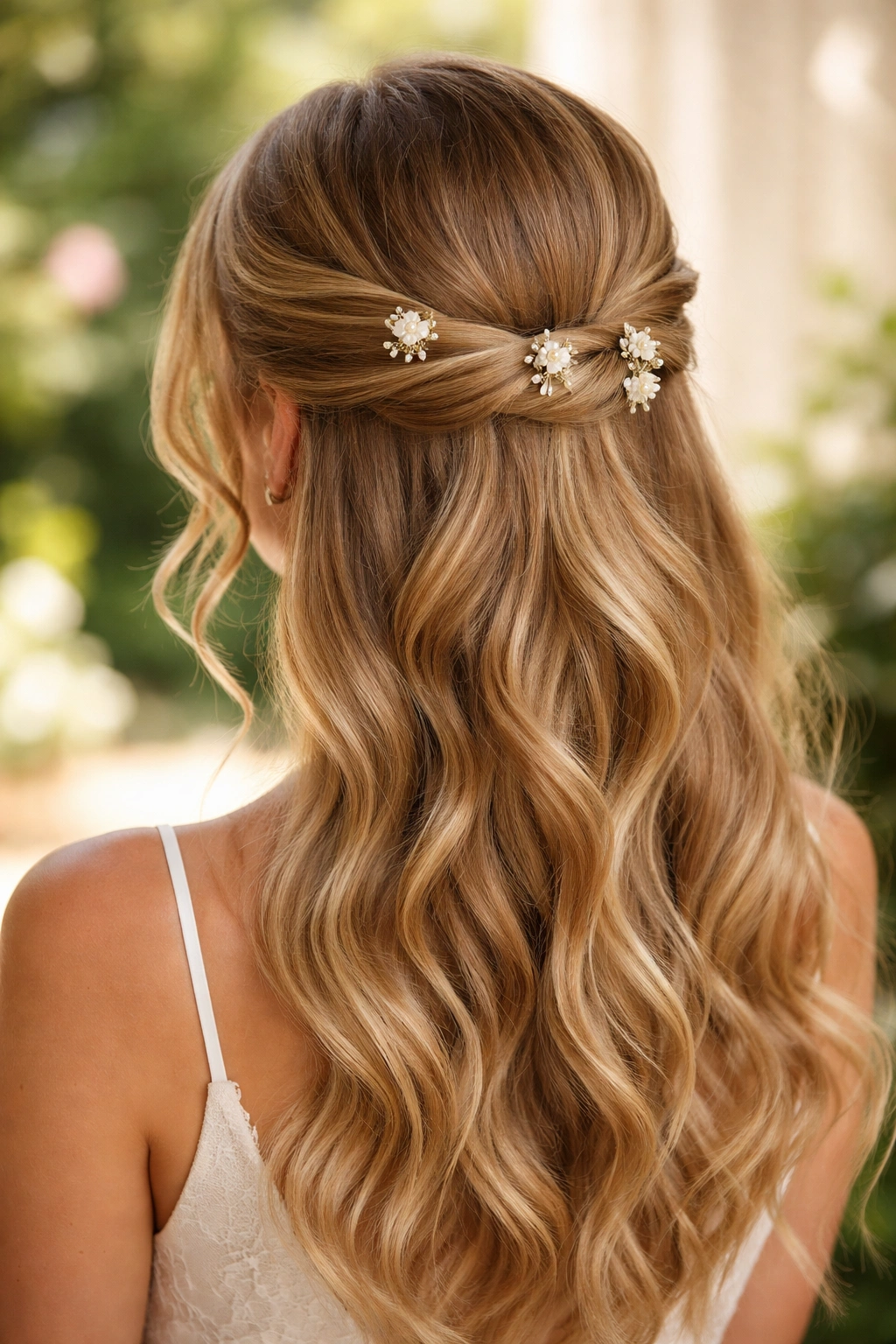 Close-up of a real woman with Floral Pin Half-Up hairstyle and small flowers