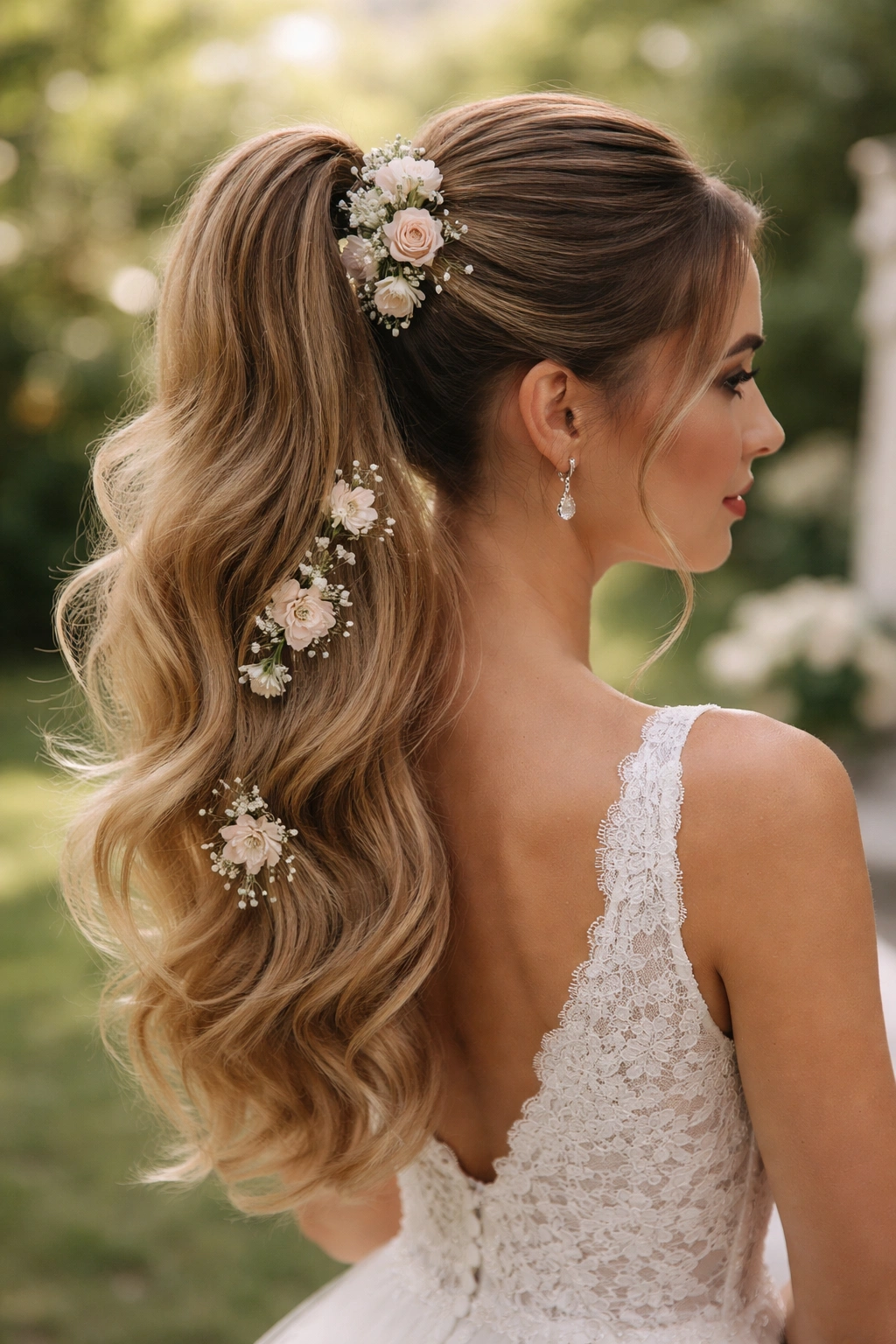 Bride with floral high ponytail featuring small blossoms in a garden setting.