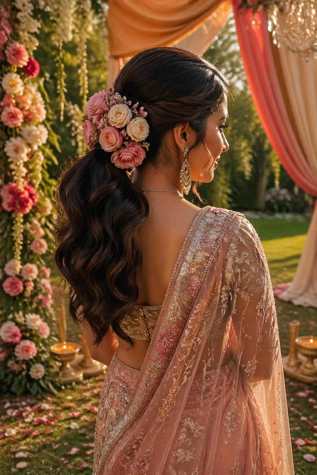 Floral cluster ponytail in garden wedding setting