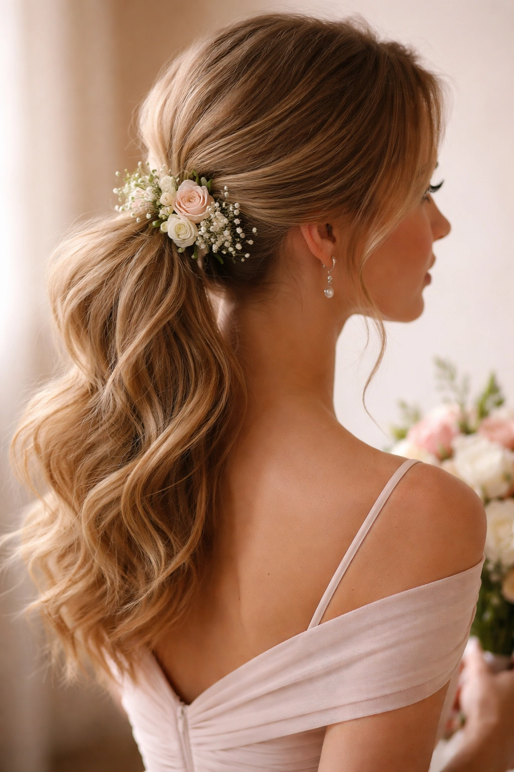 Floral ponytail with small blooms integrated into the wrap