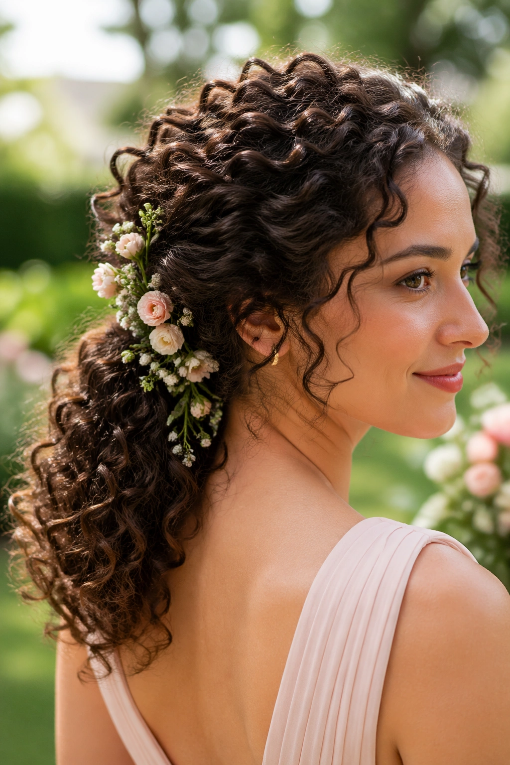Close-up of real woman with floral ponytail woven into curls