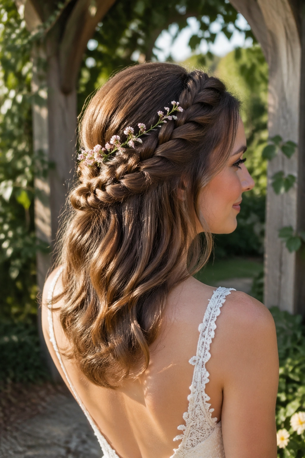Half-up braid with tiny floral sprigs in garden light